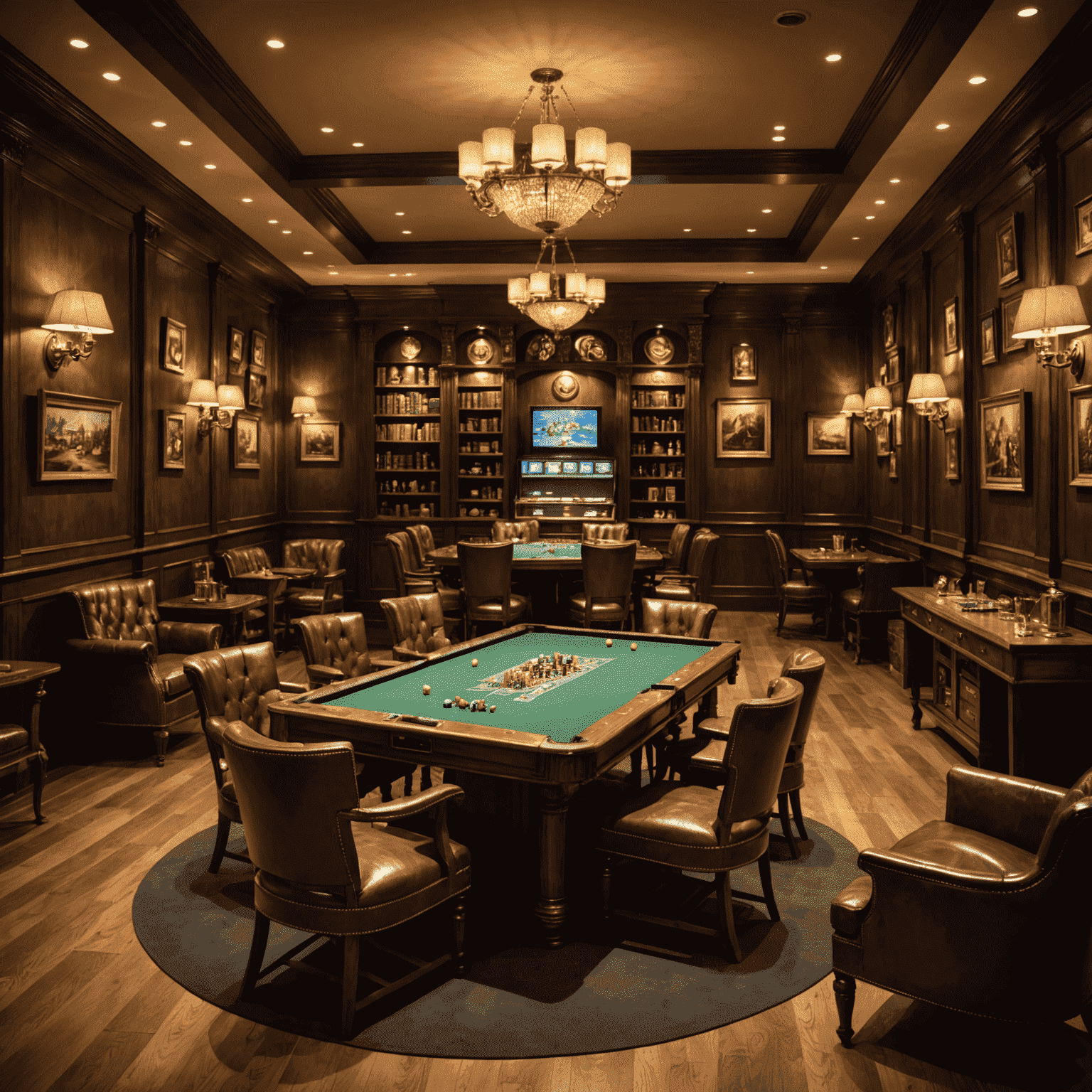 Image élégante d'une salle de jeu du BoaClub, montrant des tables de jeu en bois précieux, des fauteuils en cuir confortables, et des étagères remplies de jeux de société rares. L'ambiance est feutrée avec un éclairage tamisé et des accents dorés.