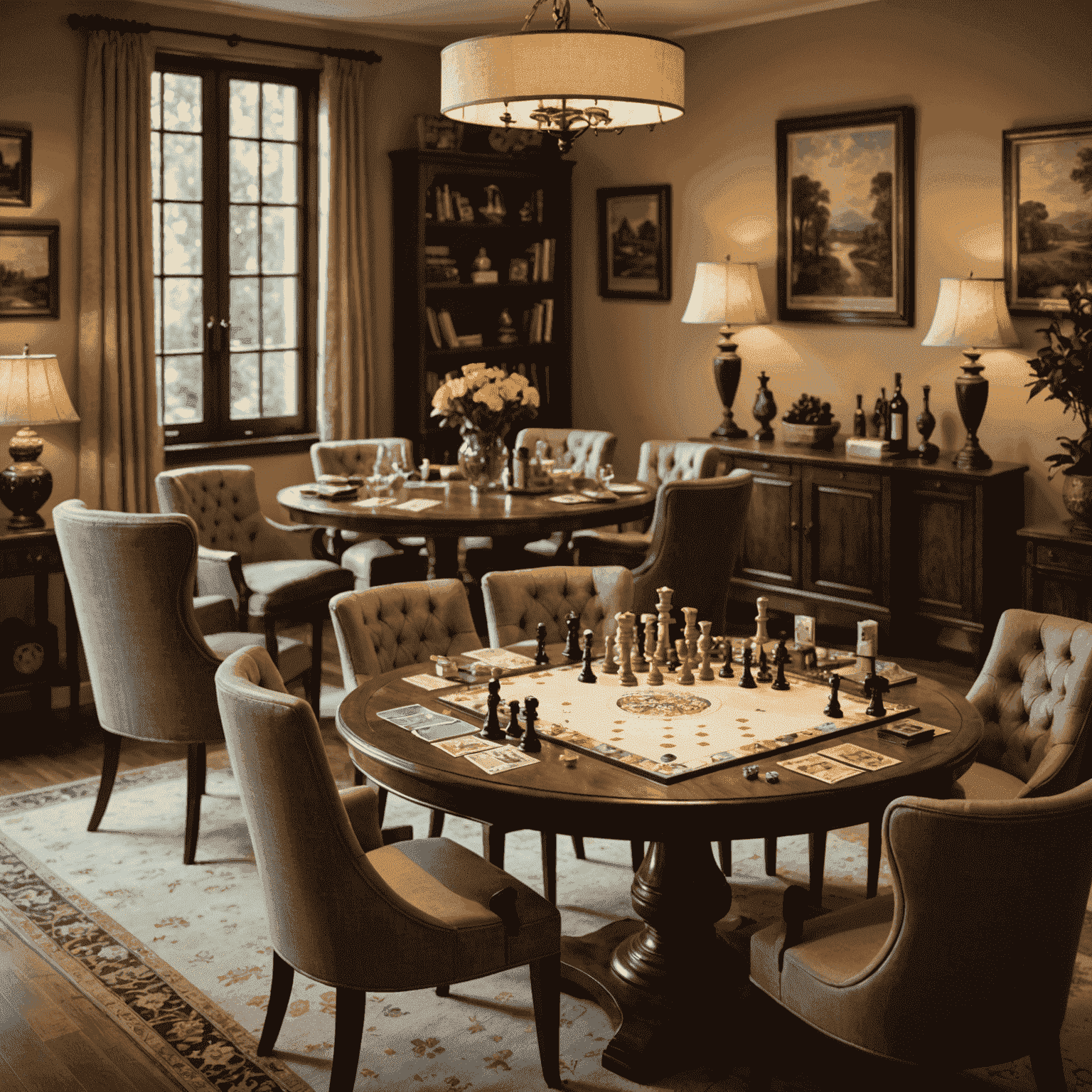 Une table élégante préparée pour une soirée de jeux de société, avec des jeux disposés soigneusement, des chaises confortables, et un éclairage tamisé créant une ambiance sophistiquée