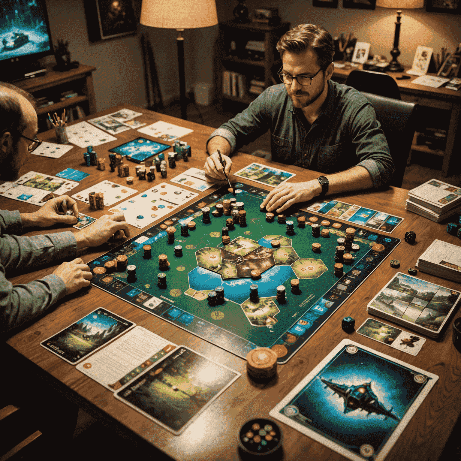Un concepteur de jeux de société renommé assis à une table, entouré de prototypes de jeux, de croquis et d'outils de conception. L'ambiance est chaleureuse et créative, avec une lumière douce mettant en valeur les détails des jeux en cours de développement.