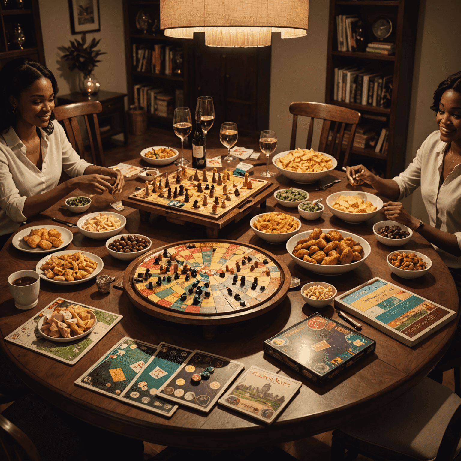 Une table élégamment dressée avec divers jeux de société, des snacks raffinés et un éclairage tamisé, créant une ambiance parfaite pour une soirée jeux
