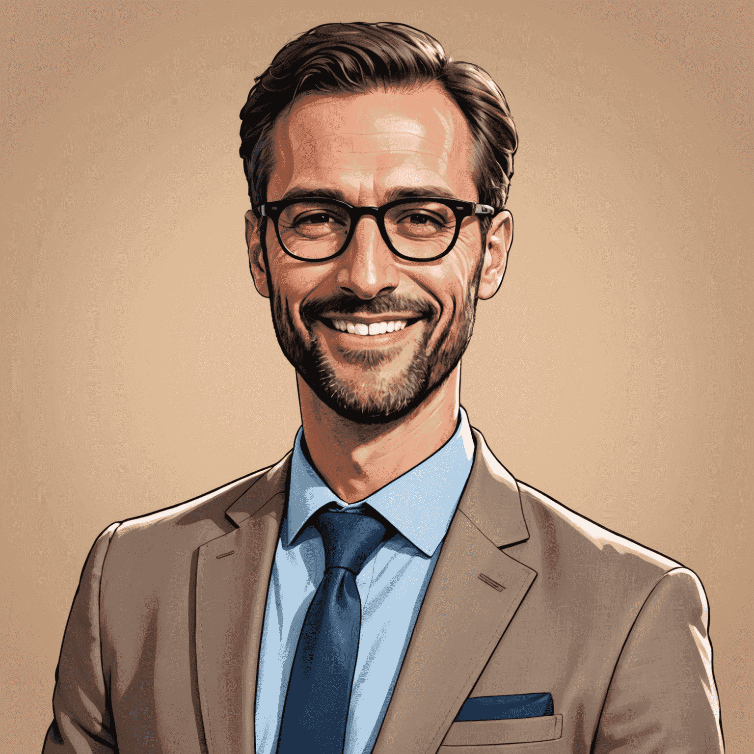 Portrait de Marco Rossi, directeur des événements. Un homme d'une trentaine d'années au sourire chaleureux, portant des lunettes et un costume décontracté.