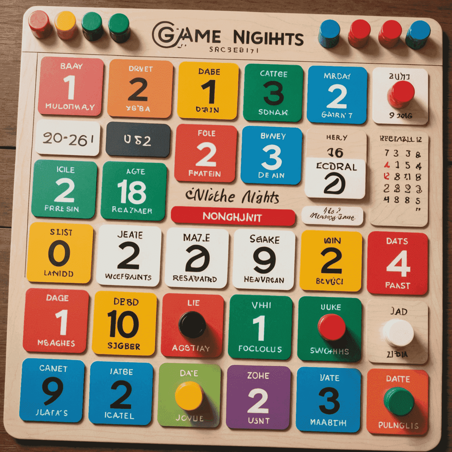 Un calendrier coloré montrant les dates des prochaines soirées jeux, avec des icônes de jeux de société et des marqueurs d'événements spéciaux.