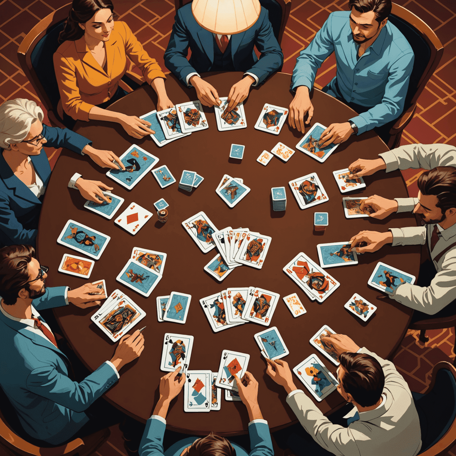 Des cartes Dixit étalées sur une table élégante du BoaClub, entourées de joueurs concentrés