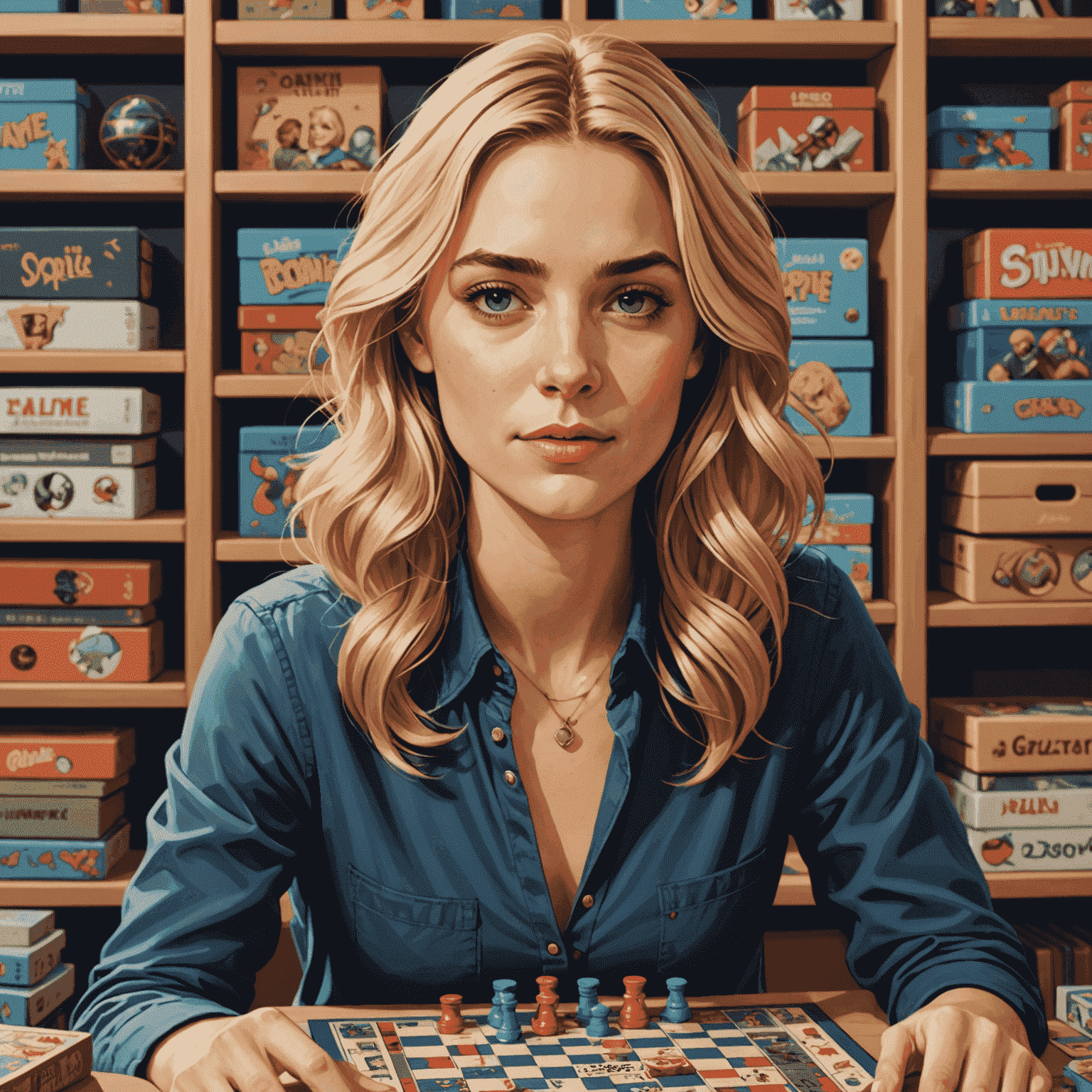 Portrait de Sophie Lefèvre, curatrice de jeux. Une jeune femme aux cheveux blonds et au regard passionné, entourée de boîtes de jeux de société.