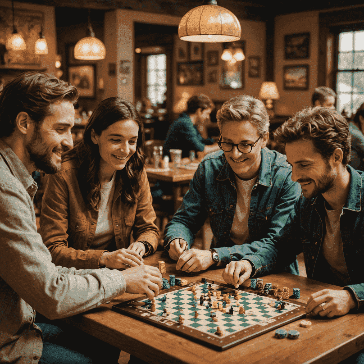 Un groupe de personnes jouant à des jeux de société dans une ambiance chaleureuse et conviviale