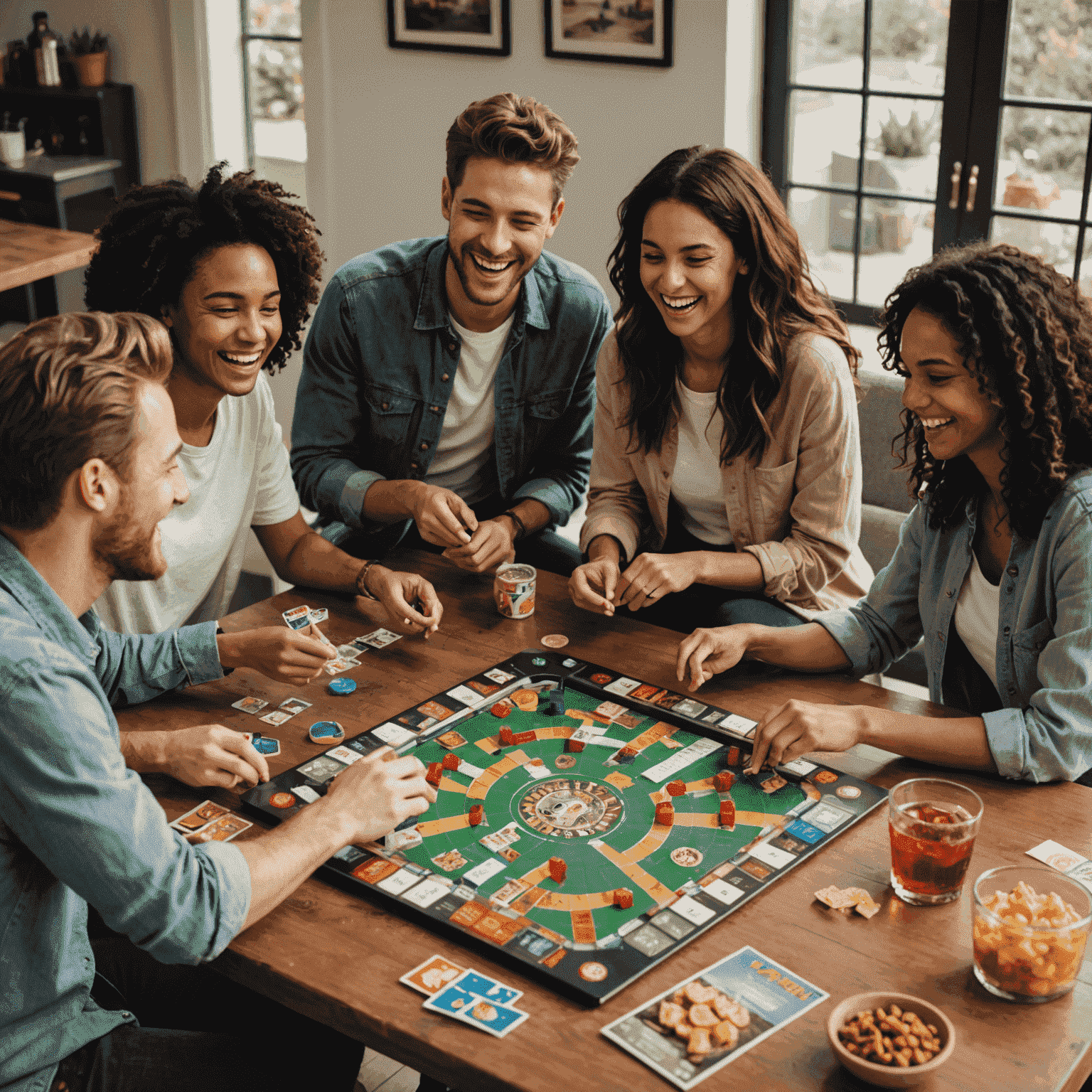 Un groupe d'amis riant et jouant à un jeu de société autour d'une table bien organisée avec des snacks et des boissons