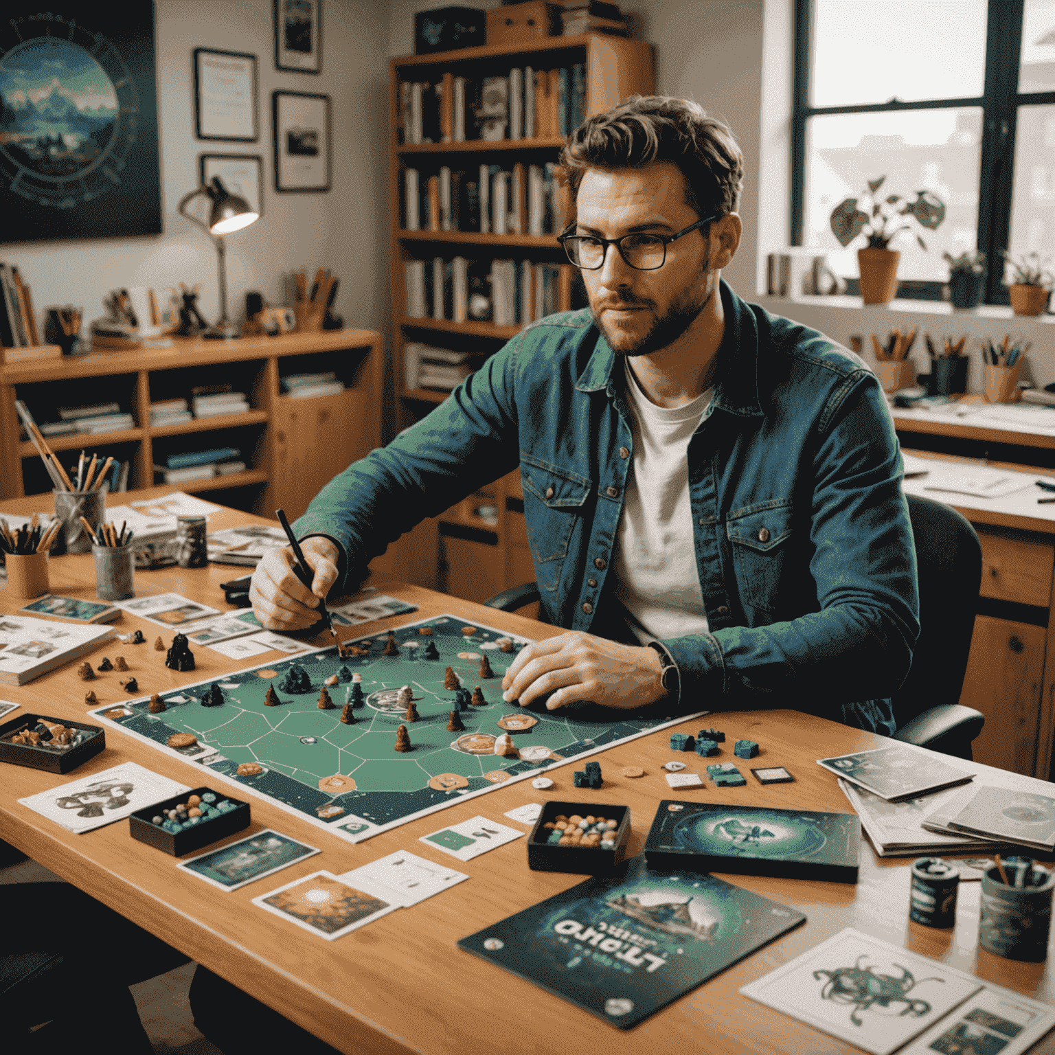 Un créateur de jeux de société assis à son bureau, entouré de prototypes et de croquis de jeux