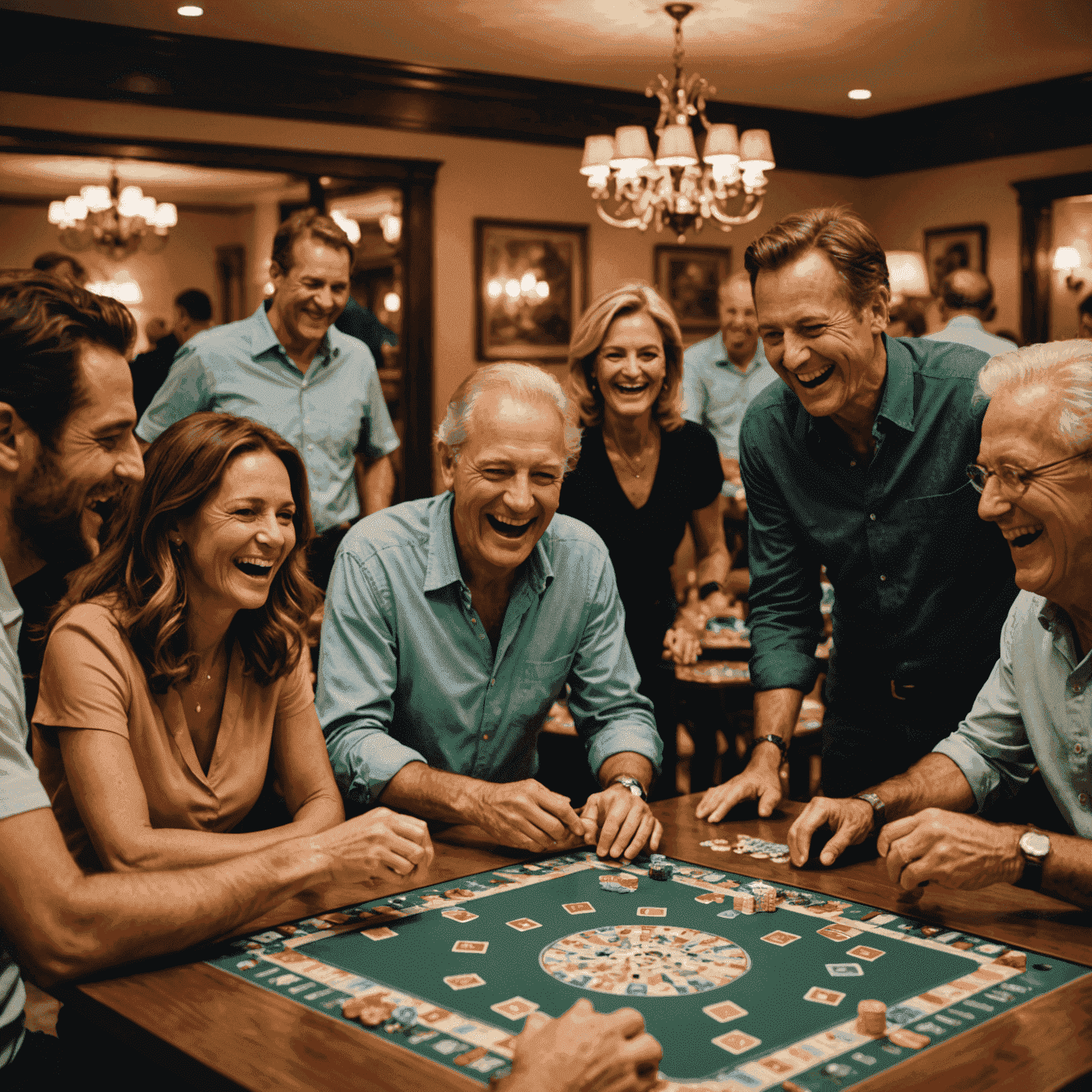 Un grand groupe de personnes riant et s'amusant en jouant à un jeu de société animé dans le clubhouse élégant de BoaClub à Naples.